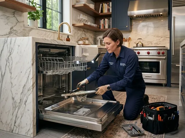 Appliance Repair Hero technician servicing a built-in dishwasher in a Annandale, VA kitchen