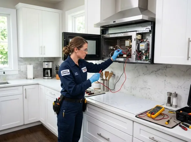 Appliance Repair Hero technician testing an over-the-range microwave in a Annandale, VA kitchen