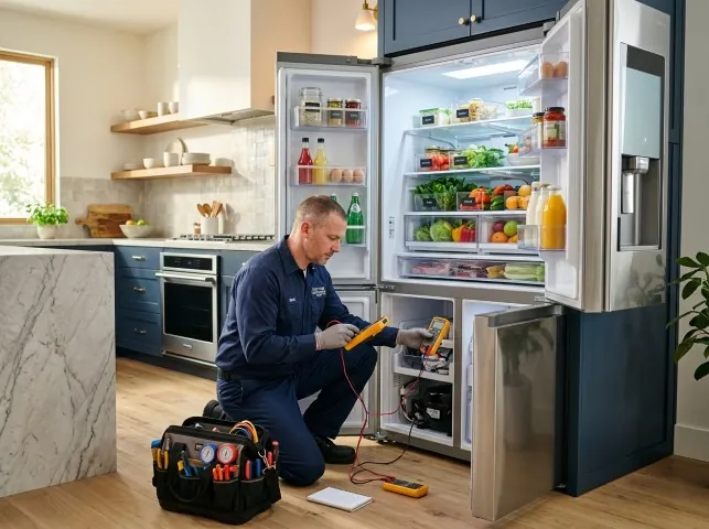 Appliance Repair Hero refrigerator technician testing a fridge on a Annandale, VA service call